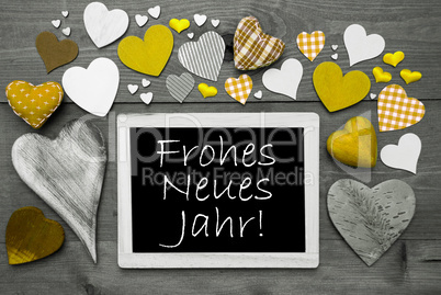 Chalkbord With Yellow Hearts, Neues Jahr Means Happy New Year