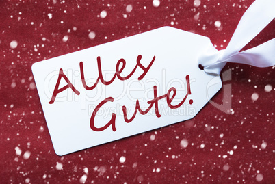 Label On Red Background, Snowflakes, Alles Gute Means Best Wishes