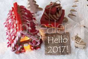 Gingerbread House, Sled, Snow, Text Hello 2017