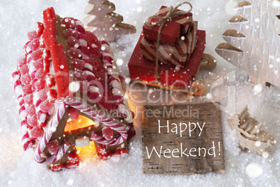 Gingerbread House, Sled, Snowflakes, Text Happy Weekend