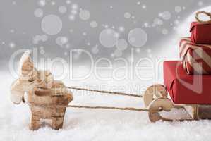 Reindeer With Sled, Copy Space, Silver Bokeh Background