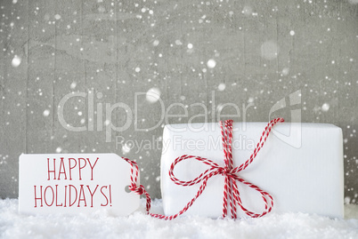 Gift, Cement Background With Snowflakes, Text Happy Holidays