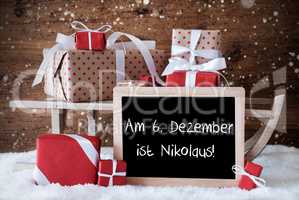 Sleigh With Gifts, Snow, Snowflakes, Nikolaus Means Nicholas Day