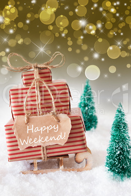 Vertical Christmas Sleigh On Golden Background, Text Happy Weekend