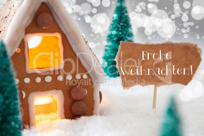 Gingerbread House, Silver Background, Frohe Weihnachten Means Merry Christmas