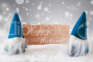 Blue Gnomes With Card, Text Happy Weekend