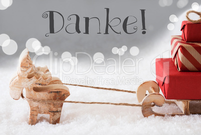 Reindeer With Sled, Silver Background, Danke Means Thank You