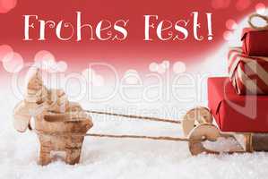 Reindeer With Sled, Red Background, Frohes Fest Means Merry Christmas