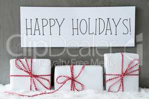 White Gift On Snow, Text Happy Holidays