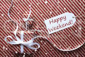 Gifts With Label, Snowflakes, Text Happy Weekend