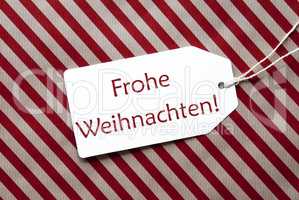 Label On Red Wrapping Paper, Frohe Weihnachten Means Merry Christmas