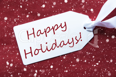 One Label On Red Background, Snowflakes, Text Happy Holidays