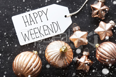 Bronze Christmas Balls, Snowflakes, Text Happy Weekend