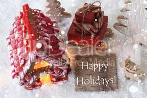 Gingerbread House, Sled, Snowflakes, Text Happy Holidays