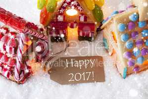 Colorful Gingerbread House, Snowflakes, Text Happy 2017