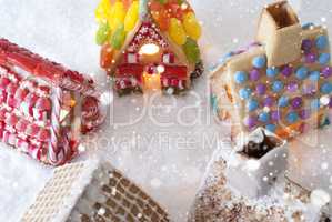 Colorful Gingerbread Houses, Snow, Snowflakes, Copy Space