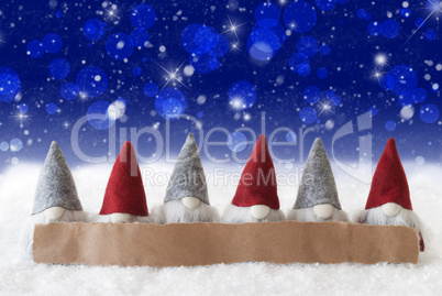 Gnomes, Blue Background, Bokeh, Stars, Snowflakes, Copy Space