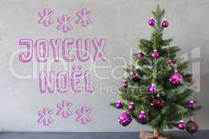 Tree, Cement Wall, Text Joyeux Noel Means Merry Christmas