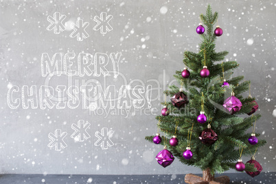 Tree With Snowflakes, Cement Wall, Text Merry Christmas