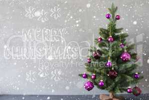 Tree With Snowflakes, Cement Wall, Text Merry Christmas