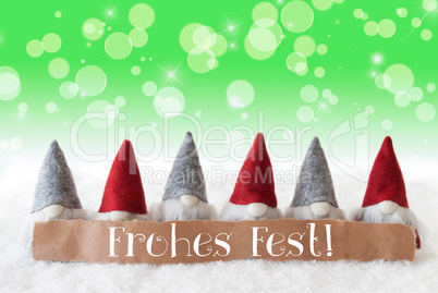 Gnomes, Green Background, Bokeh, Stars, Frohes Fest Means Merry Christmas Gnomes, Green Background, Bokeh, Stars, Frohes Fest Means Merry Christmas