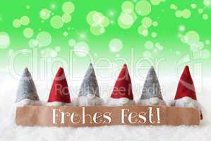 Gnomes, Green Background, Bokeh, Stars, Frohes Fest Means Merry Christmas