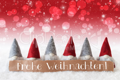 Gnomes, Red Background, Bokeh, Stars, Frohe Weihnachten Means Merry Christmas