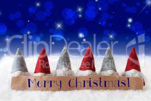 Gnomes, Blue Background, Bokeh, Stars, Text Merry Christmas