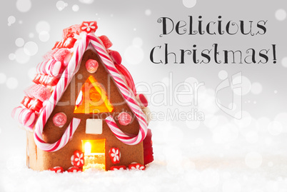 Gingerbread House, Silver Background, Text Delicious Christmas