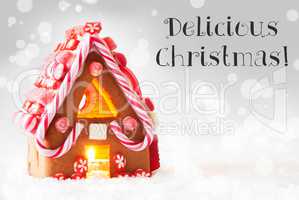 Gingerbread House, Silver Background, Text Delicious Christmas