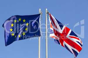 European Union flag and flag of UK on flagpole