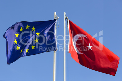 European Union flag and flag of Turkey on flagpole