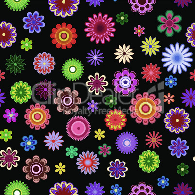 Seamless pattern with bright flowers over black