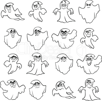 Set of sixteen funny flying ghost outlines