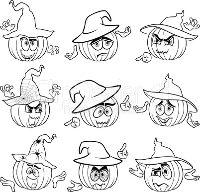 Gesticulating pumpkins outlines in hats