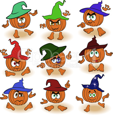 Set of gesticulating pumpkins in hats
