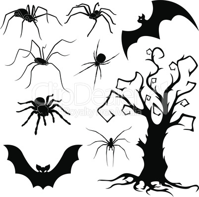 Halloween set of spiders, bats and dried tree