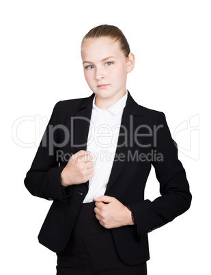 Little business woman. Studio portrait of child girl in business style. Studio isolated on a white background.