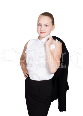 Little business woman. Studio portrait of child girl in business style. Studio isolated on a white background.