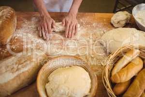 Hands of female baker kneading a dough