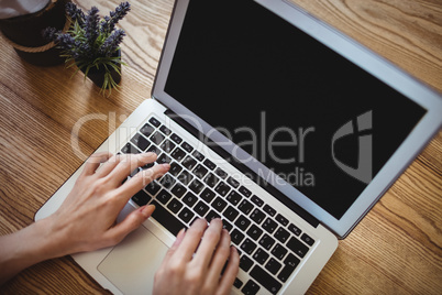 Hands of woman using laptop