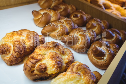 Close-up of various sweet foods on a display