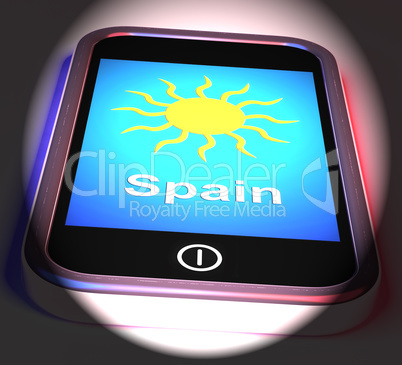 Spain On Phone Displays Holidays And Sunny Weather