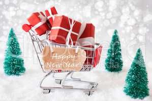 Trolly With Christmas Gifts And Snow, Text Happy New Year