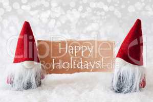 Red Gnomes With Card, Text Happy Holidays