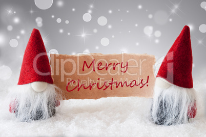 Red Gnomes With Card And Snow, Text Merry Christmas Red Gnomes With Card And Snow, Text Merry Christmas