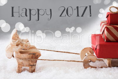 Reindeer With Sled, Silver Background, Text Happy 2017