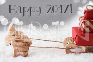 Reindeer With Sled, Silver Background, Text Happy 2017