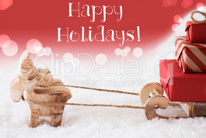 Reindeer With Sled, Red Background, Text Happy Holidays
