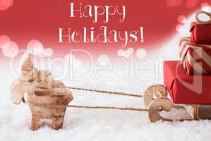 Reindeer With Sled, Red Background, Text Happy Holidays